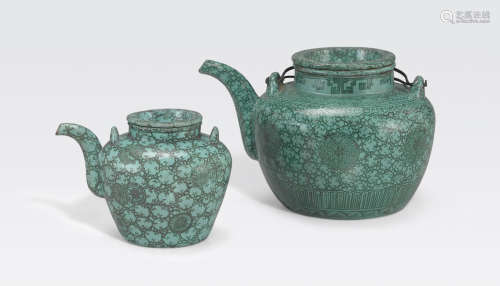 Two green enamel Yixing teapots