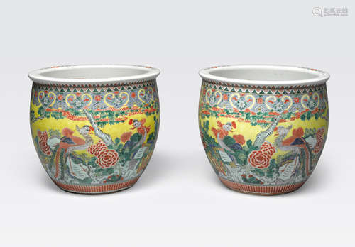 A pair of famille jaune fish bowls Late Qing dynasty