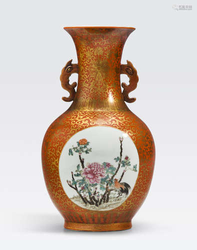 A coral red and gilt ground vase with famille rose floral reserves Lin zhi cheng xiang mark, Republic period