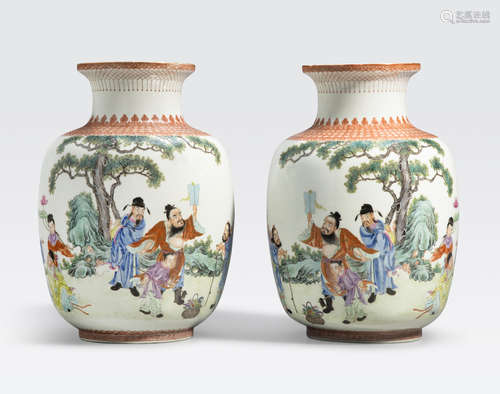 A pair of polychrome enameled vases with Eight Immortals decoration Qianlong marks, 20th century