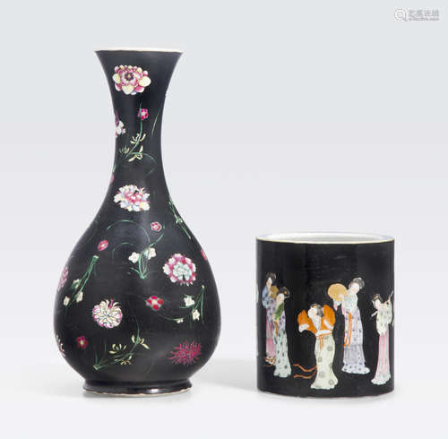 Two black ground containers with famille rose enamel decoration Late Qing/Republic period