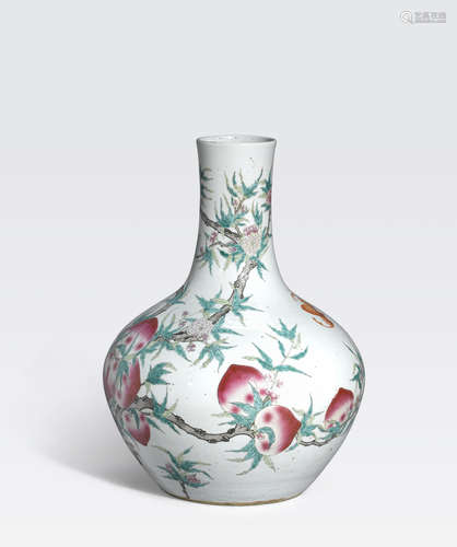 A Large famille rose enameled Nine-Peach vase, tianqiuping Qianlong mark, Republic period