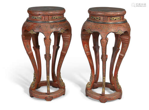 A pair of red lacquered wood vase stands with polychrome and gilt decoration 19th century