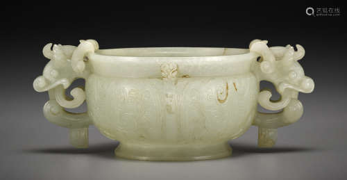 A carved jade censer with handles 19th century