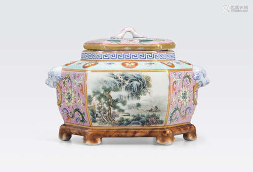 A small famille rose enameled hexagonal jar and cover Qianlong mark