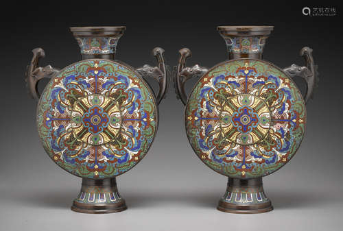 A pair of champlevé enamel moon flasks Late Qing dynasty