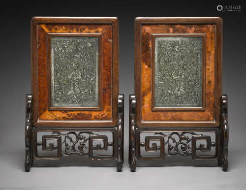A pair of spinach jade and wood table screens