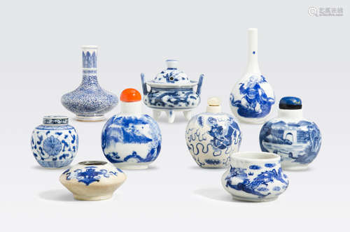 A group of nine small blue and white containers 19th century and later