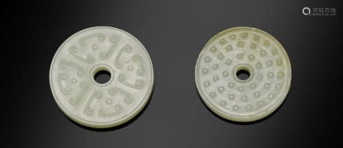 Two white jade bi with raised relief decoration Qing dynasty