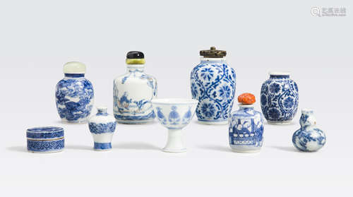 A group of nine blue and white miniature containers 19th century and later