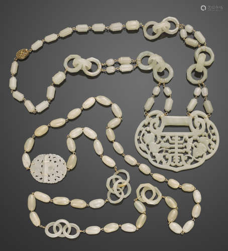 Two assembled white jade necklaces