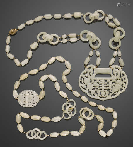 Two assembled white jade necklaces