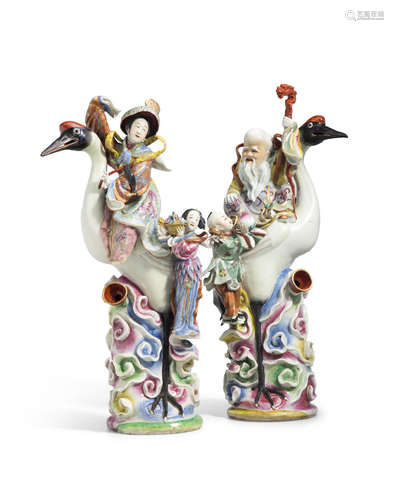 A pair of famille rose enameled figures of Immortals on cranes Fang Hexing zao mark, Republic period