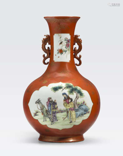 A coral red and gilt ground vase with famille rose reserve panels Qianlong mark, Republic period