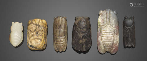 A group of six jade and hardstone cicadas