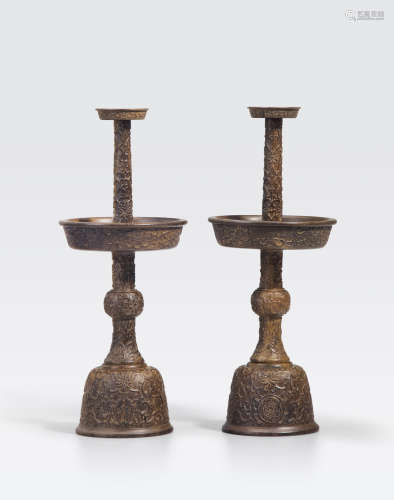 A pair of pieced wood candle stands Qianlong marks