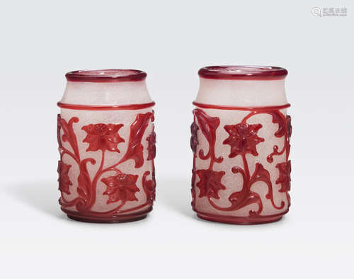 A Pair of red-overlaid snowflake glass vases Qianlong marks, late Qing/Republic period