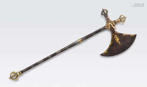 A damascene iron and gilt copper alloy ritual axe Tibet, 18th century