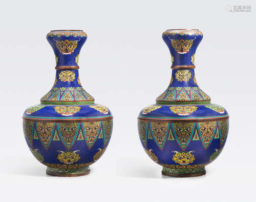 A pair of two-section cloisonné enameled metal ovoid vases 20th century