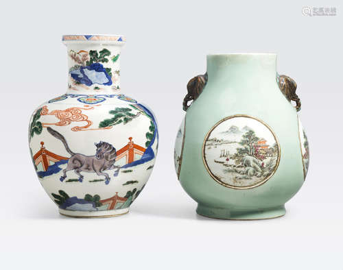 Two vases with overglaze enamel decoration Republic period