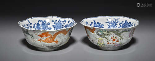 A pair of blue and white bowls with polychrome dragon decoration Qianlong marks, Republic period