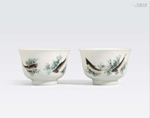 A pair of polychrome enameled tea cups with fish design Guangxu marks, Republic period