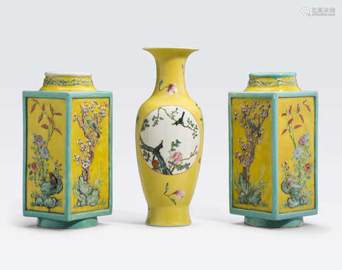 A group of three yellow ground vases with polychrome enamel decoration Qianlong marks, 20th century