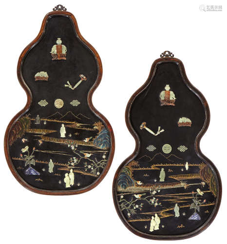 Two jade and hardstone embellished lacquered wood wall plaques Late Qing/Republic period