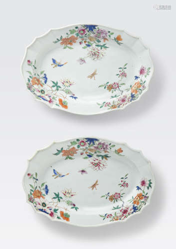 A pair of export oval shaped platters with famille rose enamel decoration 18th century