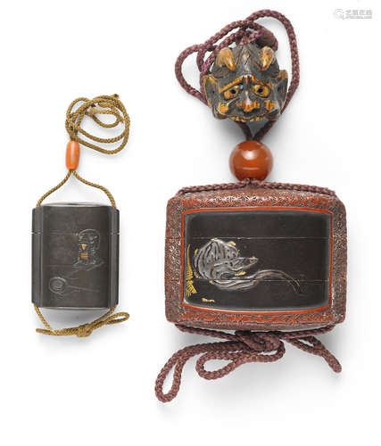 A two-case lacquer inro and a miniature mixed-metal inro Edo period (1615-1868), 19th century