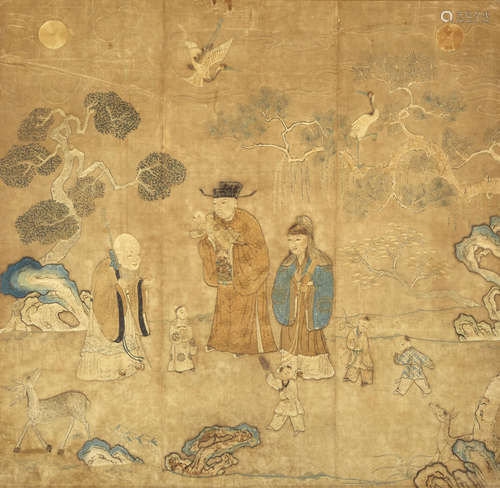 An embroidered silk panel depicting the Three Stars of Happiness, Sanxing 18th century