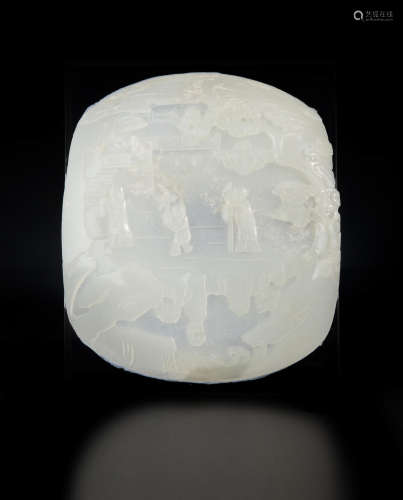 A white jade convex plaque with figures in a landscape Qing dynasty
