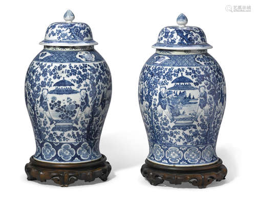 A pair of blue and white jars and covers 19th century