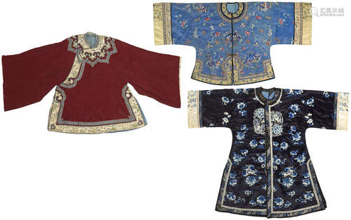 A group of three silk woman's coats with embroidered details Late Qing/Republic period