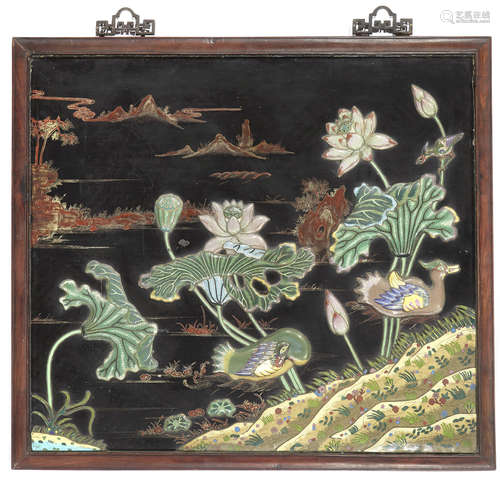 A lacquered wood wall plaque with applied cloisonné enameled mounts Late Qing/Republic period