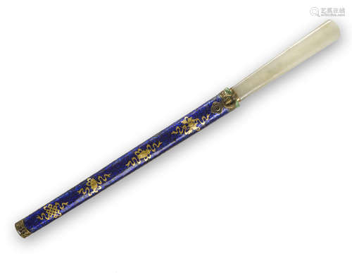 A jade handled knife and enameled metal scabbard with gilt decoration 18th/19th century