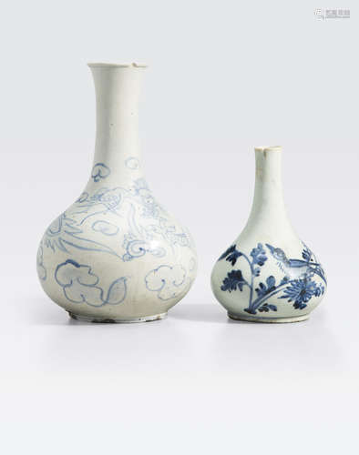 Two blue and white porcelain long neck bottles Joseon dynasty, 19th century