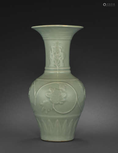 A fine and rare Longquan celadon vase with molded decoration Yuan dynasty