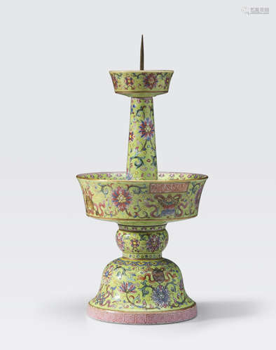 A lime green ground enameled candle stand Daoguang mark, Republic period