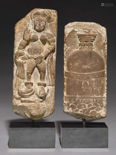 Two sandstone relief panels with a goddess and a stupa Northern India, Shunga period, 1st century BC