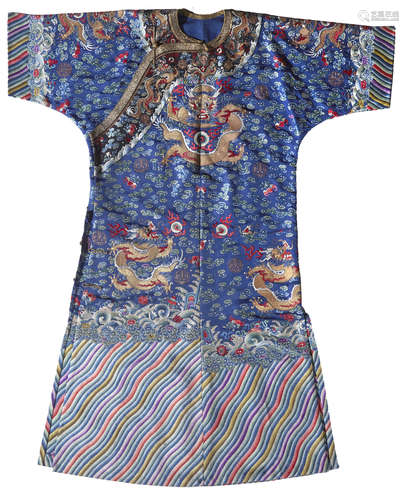 A blue silk ground embroidered dragon robe Late Qing dynasty