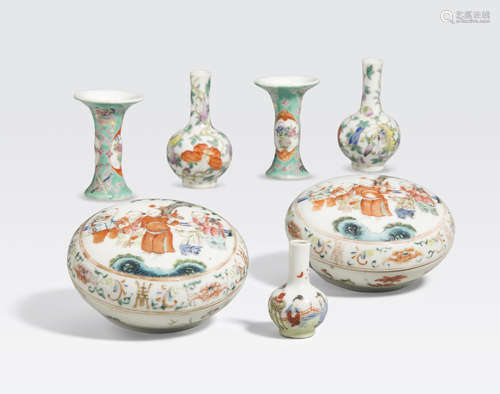 A group of seven miniature famille rose enameled containers Republic period