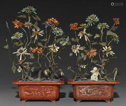 A pair of jewel trees in carved cinnabar jardinieres