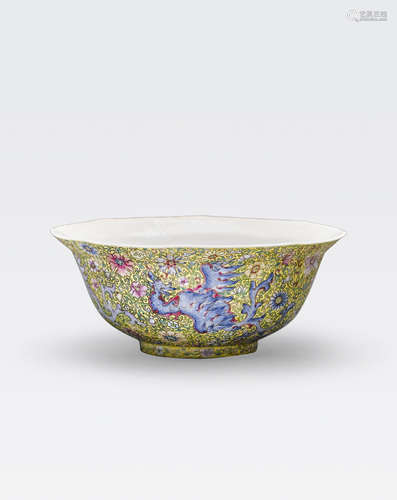 A yellow ground famille rose bowl Daoguang mark