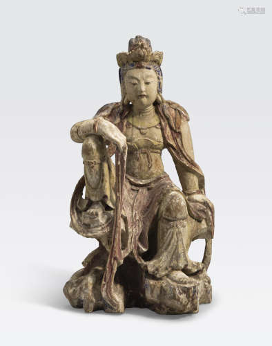 A Carved wood figure of Guanyin Late Qing dynasty