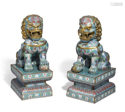 a Pair of cloisonné enameled metal lion dogs and bases 20th century