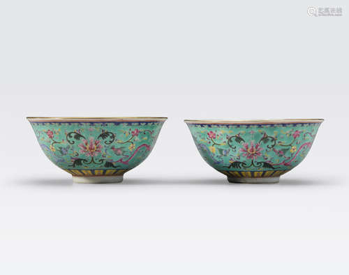 A pair of turquoise ground bowls with polychrome enamel decoration Guangxu marks