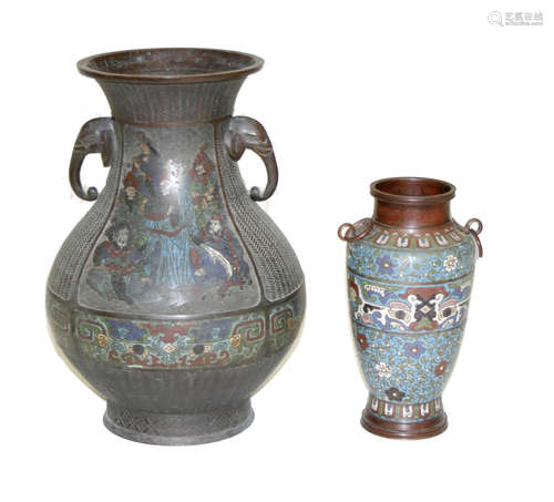 Two champlevé enameled metal vases Meiji era