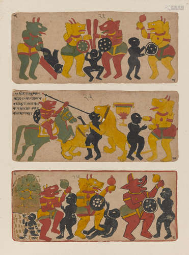 A Jain manuscript page and three pages from series depicting Jain hell Gujarat, 16th century