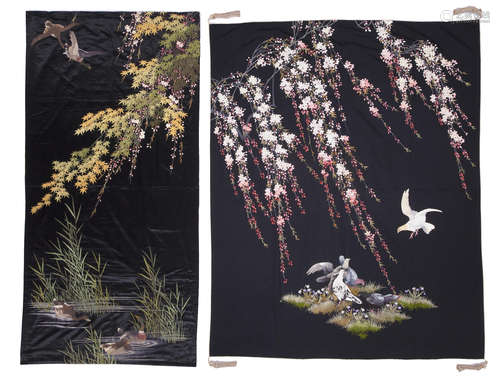 Two embroidered hangings with birds Meiji era (1868-1912)